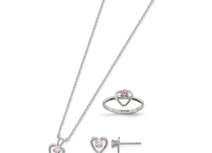 Sterling Silver Polished Pink CZ Heart Children's 15in Necklace, Size 3 Ring & Post Earrings Set
