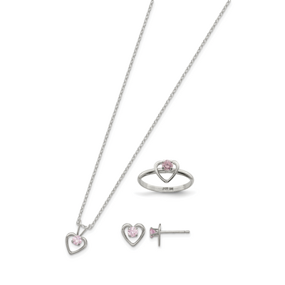 Sterling Silver Polished Pink CZ Heart Children's 15in Necklace, Size 3 Ring & Post Earrings Set