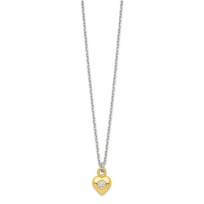 Sterling Silver & Gold-tone Polished CZ Heart Children's 14in Necklace and Post Earrings Set