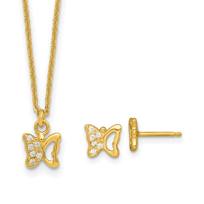 Sterling Silver Gold-tone White CZ Butterfly Childrens Necklace and Post Earrings Set