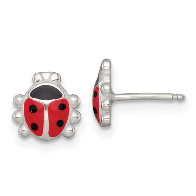 Sterling Silver Polished Red and Black Enameled Ladybug Childrens Necklace and Post Earrings Set