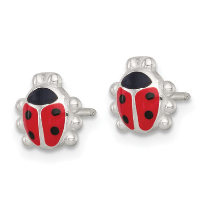 Sterling Silver Polished Red and Black Enameled Ladybug Childrens Necklace and Post Earrings Set