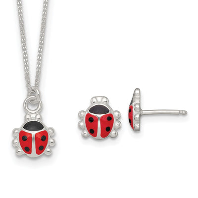 Sterling Silver Polished Red and Black Enameled Ladybug Childrens Necklace and Post Earrings Set