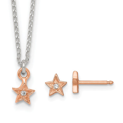 Sterling Silver Rose-tone White CZ Star Childrens Necklace and Post Earrings Set