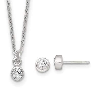 Sterling Silver Polished White CZ Childrens Necklace and Post Earrings Set