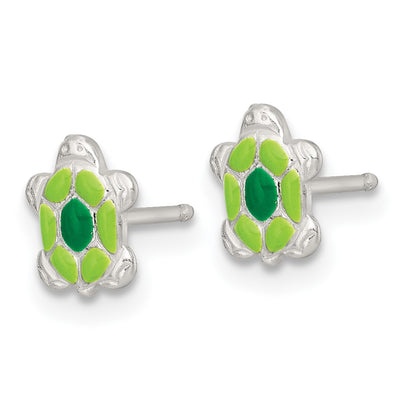 Sterling Silver Polished Green Enameled Turtle Childrens Necklace and Post Earrings Set