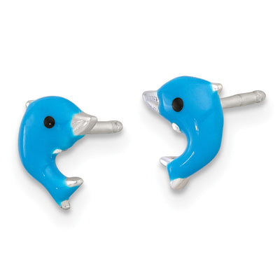 Sterling Silver Polished Blue and Black Enameled Dolphin Childrens Necklace and Post Earrings Set