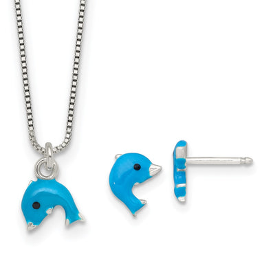 Sterling Silver Polished Blue and Black Enameled Dolphin Childrens Necklace and Post Earrings Set