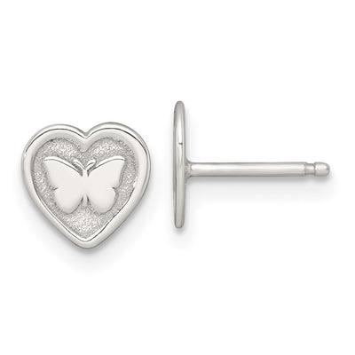 Sterling Silver Polished and Textured Butterfly in Heart Childrens Necklace and Post Earrings Set