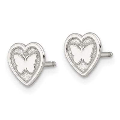 Sterling Silver Polished and Textured Butterfly in Heart Childrens Necklace and Post Earrings Set