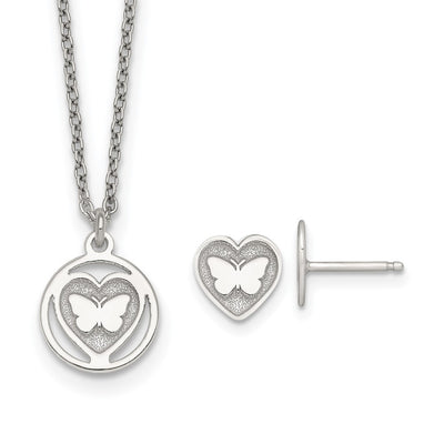 Sterling Silver Polished and Textured Butterfly in Heart Childrens Necklace and Post Earrings Set