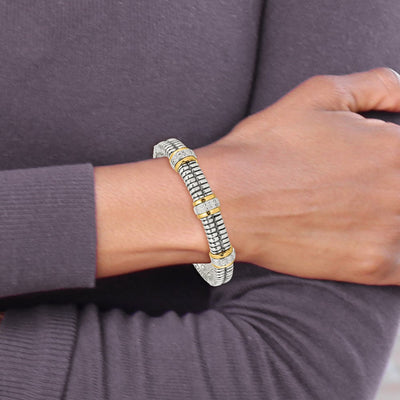 Shey Couture Sterling Silver with 14K Accent Antiqued 1/4 carat Diamond Hinged Bangle Bracelet
