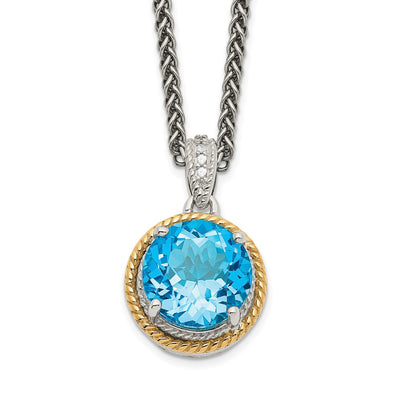 Shey Couture Sterling Silver with 14K Accent Antiqued Round Blue Topaz Necklace, 20 x 14mm