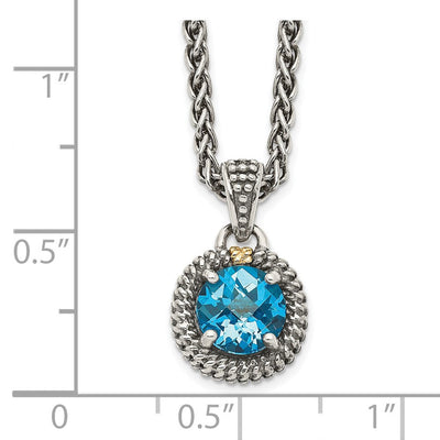 Shey Couture Sterling Silver with 14K Accent Antiqued Round Blue Topaz Necklace, 18 x 11mm