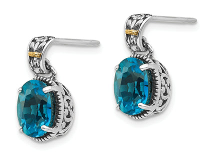 Shey Couture Sterling Silver with 14K Accent Antiqued Oval London Blue Topaz Post Dangle Earrings