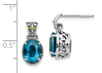 Shey Couture Sterling Silver with 14K Accent Antiqued Oval London Blue Topaz Post Dangle Earrings