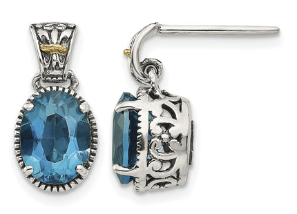 Shey Couture Sterling Silver with 14K Accent Antiqued Oval London Blue Topaz Post Dangle Earrings