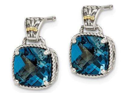 Shey Couture Sterling Silver with 14K Accent Antiqued Cushion London Blue Topaz Post Dangle Earrings (Style QTC1347)
