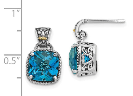 Shey Couture Sterling Silver with 14K Accent Antiqued Cushion London Blue Topaz Post Dangle Earrings (Style QTC1347)