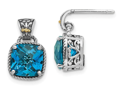 Shey Couture Sterling Silver with 14K Accent Antiqued Cushion London Blue Topaz Post Dangle Earrings (Style QTC1347)