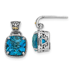 Shey Couture Sterling Silver with 14K Accent Antiqued Cushion London Blue Topaz Post Dangle Earrings (Style QTC1347)
