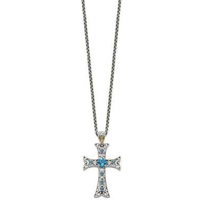 Shey Couture Sterling Silver with 14K Accent Antiqued Round London Blue Topaz Cross Necklace