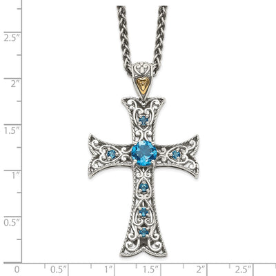 Shey Couture Sterling Silver with 14K Accent Antiqued Round London Blue Topaz Cross Necklace