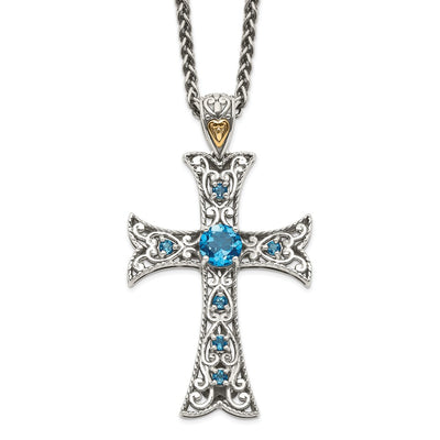 Shey Couture Sterling Silver with 14K Accent Antiqued Round London Blue Topaz Cross Necklace