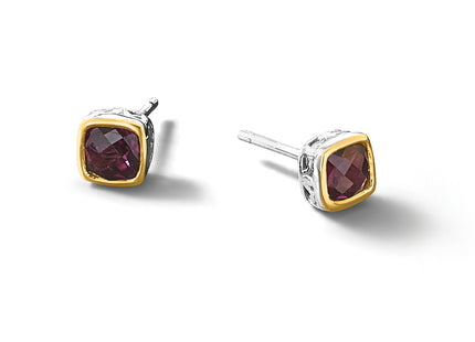 Shey Couture Sterling Silver Rhodium-plated with 14k Accent Rhodolite Garnet Square Stud Earrings