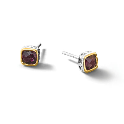 Shey Couture Sterling Silver Rhodium-plated with 14K Accent Rhodolite Garnet Square Stud Earrings