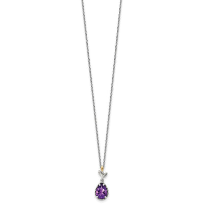 Shey Couture Sterling Silver with 14K Accent Leaves with Checkerboard Pear Shaped Amethyst Necklace with Extender