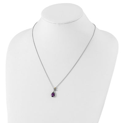 Shey Couture Sterling Silver with 14K Accent Leaves with Checkerboard Pear Shaped Amethyst Necklace with Extender