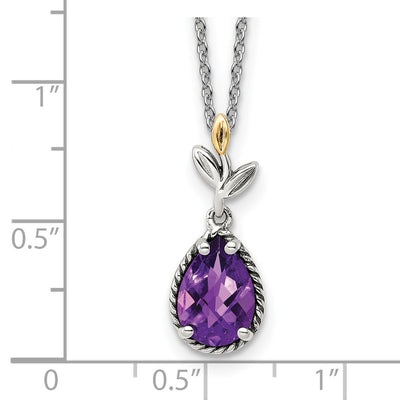 Shey Couture Sterling Silver with 14K Accent Leaves with Checkerboard Pear Shaped Amethyst Necklace with Extender
