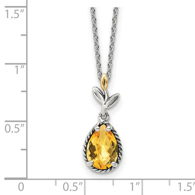 Shey Couture Sterling Silver with 14K Accent Antiqued Leaves Pear Shaped Citrine Necklace