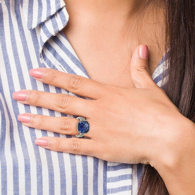 Shey Couture Sterling Silver with 14K Antiqued Lab Created Checker Cushion Sapphire Ring