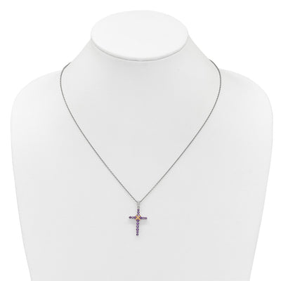 Shey Couture Sterling Silver Rhodium-plated with 14K -X- Accent Round Amethyst Cross with Extension Necklace