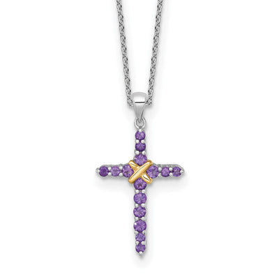 Shey Couture Sterling Silver Rhodium-plated with 14K -X- Accent Round Amethyst Cross with Extension Necklace