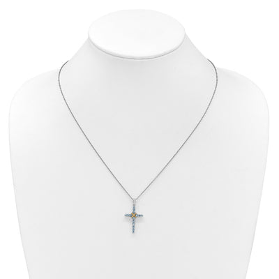 Shey Couture Sterling Silver Rhodium-plated with 14K -X- Accent Round Light Swiss Blue Topaz Cross with Extension Necklace