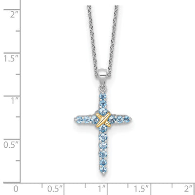 Shey Couture Sterling Silver Rhodium-plated with 14K -X- Accent Round Light Swiss Blue Topaz Cross with Extension Necklace