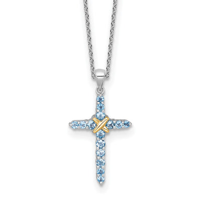 Shey Couture Sterling Silver Rhodium-plated with 14K -X- Accent Round Light Swiss Blue Topaz Cross with Extension Necklace