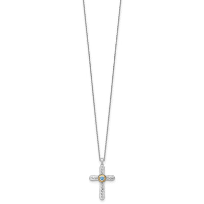Shey Couture Sterling Silver Rhodium-plated with 14K Accent Round London Blue Topaz Textured Cross with Extension Necklace