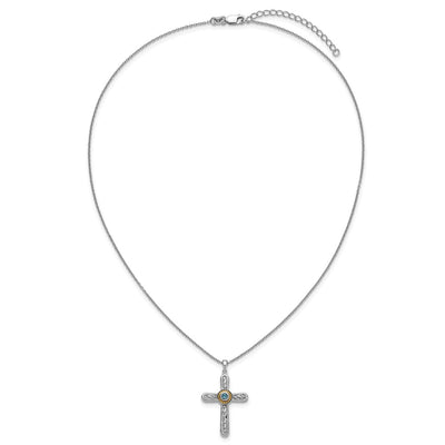 Shey Couture Sterling Silver Rhodium-plated with 14K Accent Round London Blue Topaz Textured Cross with Extension Necklace