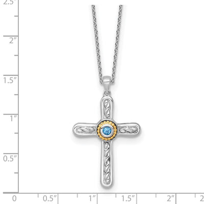 Shey Couture Sterling Silver Rhodium-plated with 14K Accent Round London Blue Topaz Textured Cross with Extension Necklace