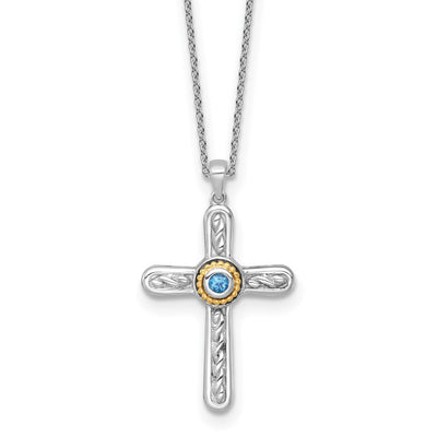 Shey Couture Sterling Silver Rhodium-plated with 14K Accent Round London Blue Topaz Textured Cross with Extension Necklace