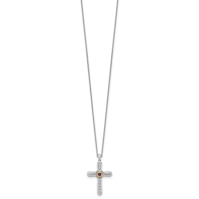 Shey Couture Sterling Silver Rhodium-plated with 14K Accent Round Garnet Textured Cross with Extension Necklace