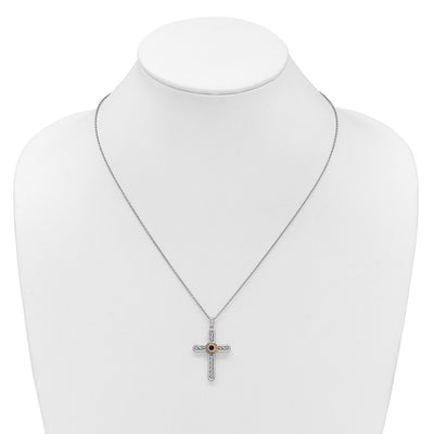 Shey Couture Sterling Silver Rhodium-plated with 14K Accent Round Garnet Textured Cross with Extension Necklace