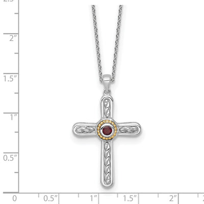 Shey Couture Sterling Silver Rhodium-plated with 14K Accent Round Garnet Textured Cross with Extension Necklace