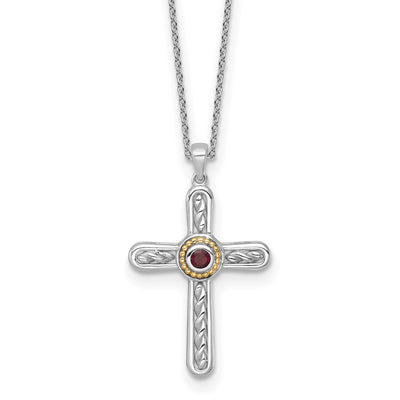 Shey Couture Sterling Silver Rhodium-plated with 14K Accent Round Garnet Textured Cross with Extension Necklace