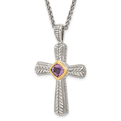 Shey Couture Sterling Silver with 14K Accent Antiqued Cushion Bezel Amethyst Cross Necklace