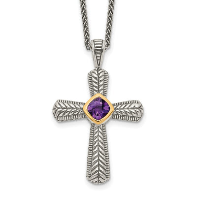 Shey Couture Sterling Silver with 14K Accent Antiqued Cushion Bezel Amethyst Cross Necklace